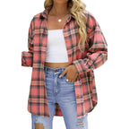 Pink and orange plaid oversized button-down shirt with long sleeves and front buttons