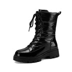 Black glossy lace-up combat boots with padded shaft and chunky lug sole