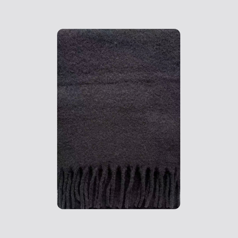 Dark gray fringed blanket scarf with brushed soft texture