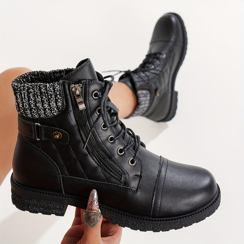 Women's black lace-up combat boots, quilted ankle, knit cuff and side zipper