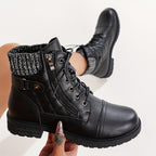 Women's black lace-up combat boots, quilted ankle, knit cuff and side zipper