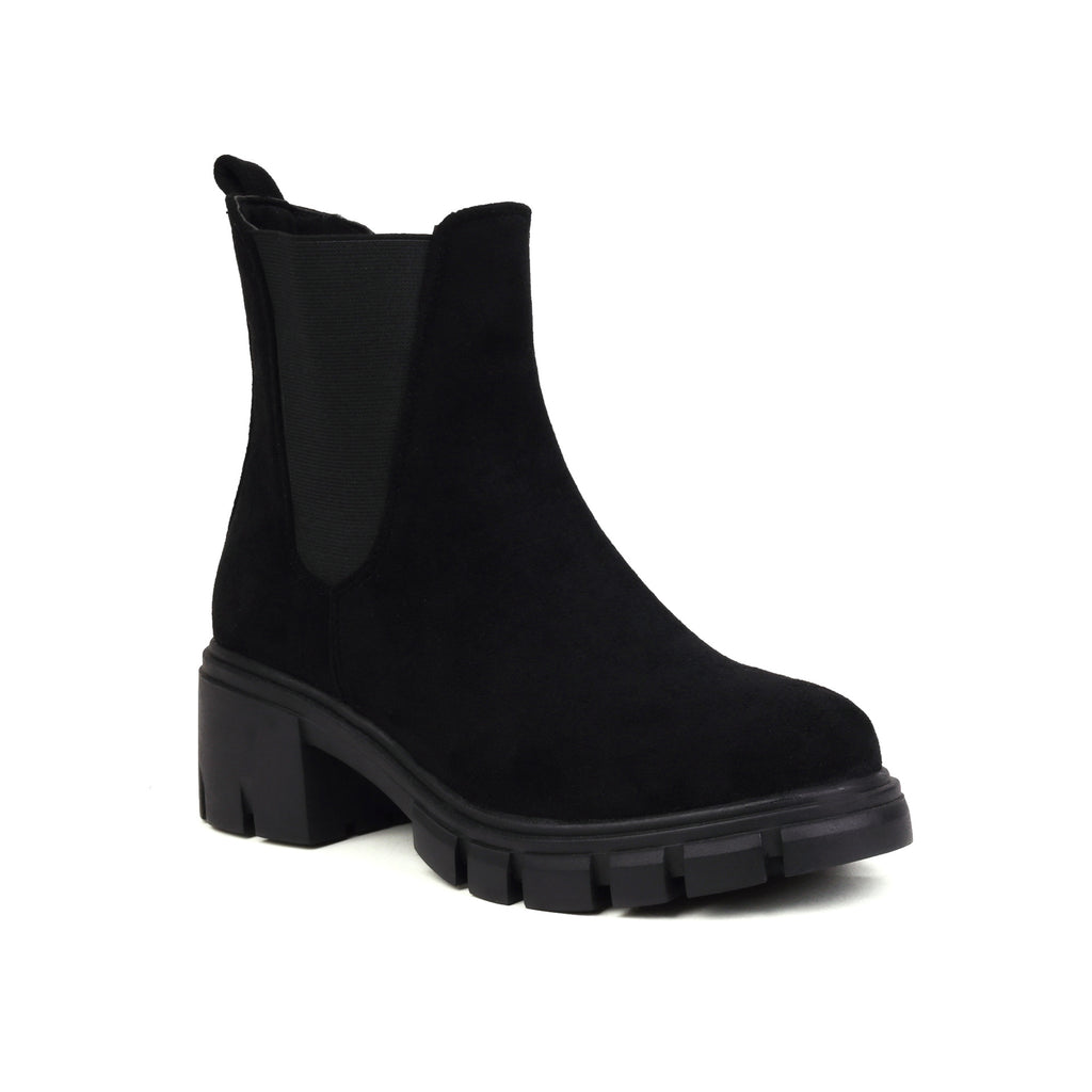 Black suede Chelsea boots with elastic gore and chunky lug sole block heel