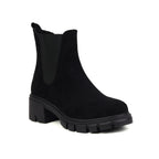 Black suede Chelsea boots with elastic gore and chunky lug sole block heel