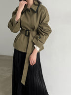 Cropped belted trench jacket in army green with contrast collar and flap pockets