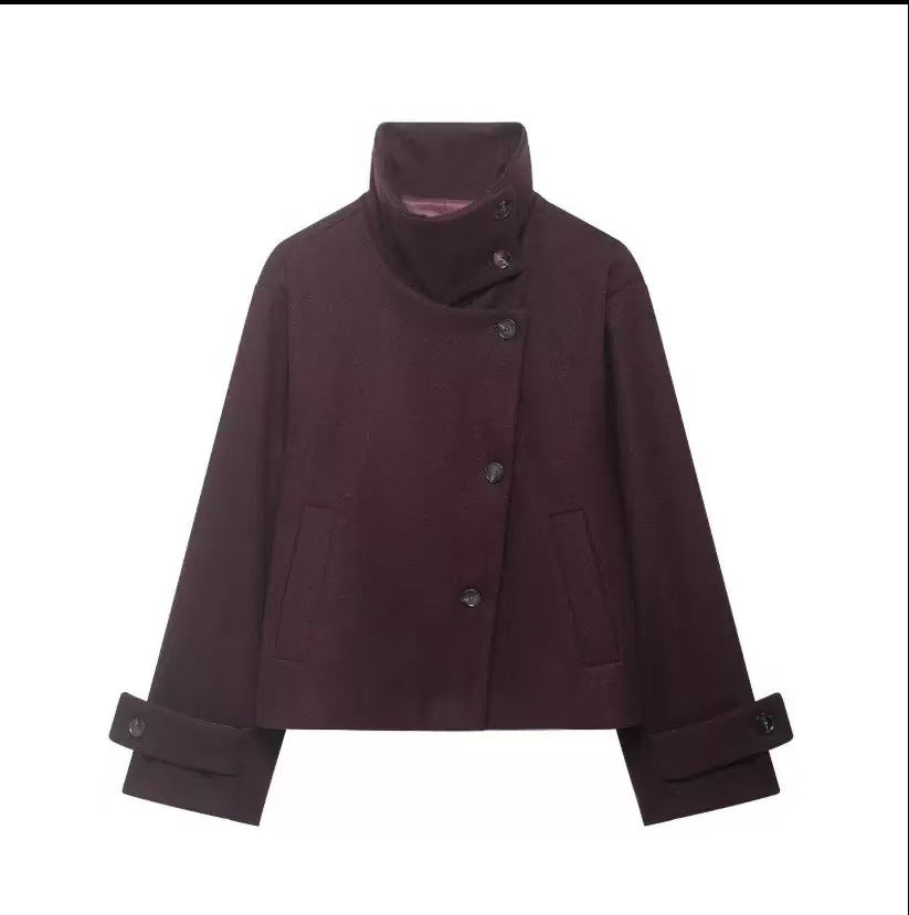 Dark maroon cropped wool jacket with funnel neck and button placket