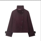 Dark maroon cropped wool jacket with funnel neck and button placket