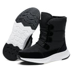 Women's fleece-lined snow boots, black high-top with hook-and-loop straps and tread sole