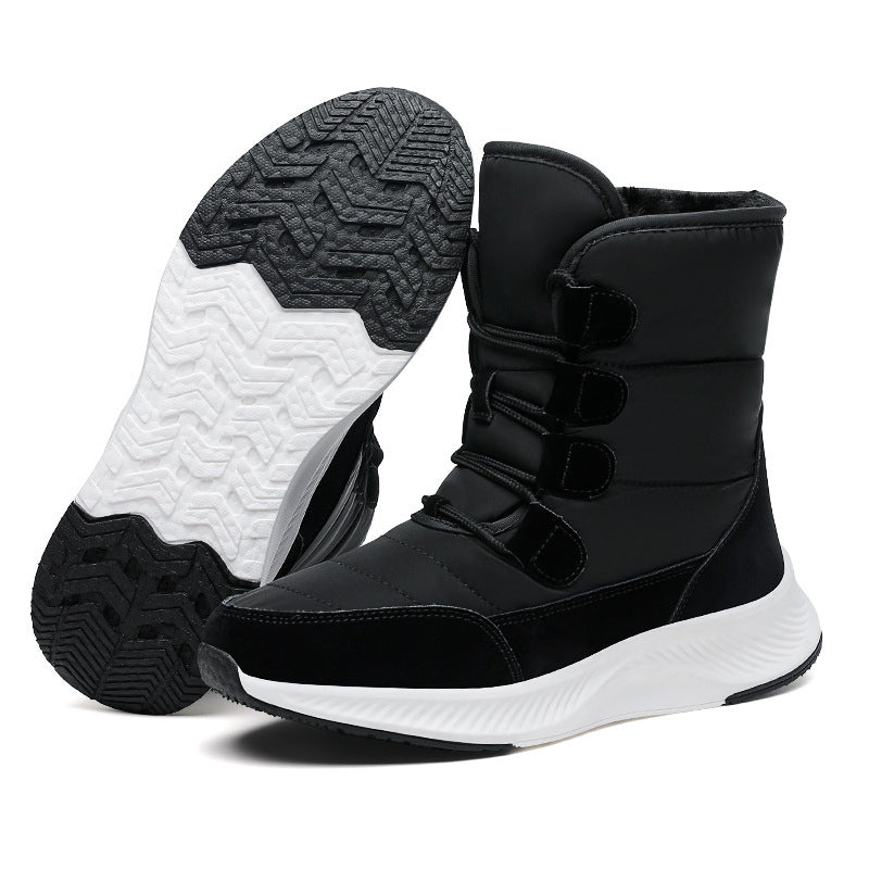 Women's fleece-lined snow boots, black high-top with hook-and-loop straps and tread sole