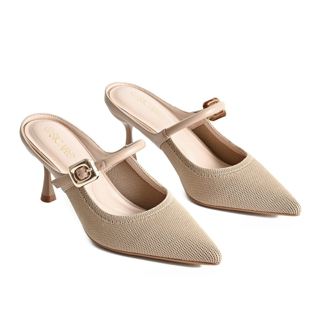 Beige pointed-toe Mary Jane mule with stiletto heel and buckle strap, knit upper