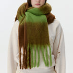 Plaid scarf in olive-brown with green paneling and long fringed ends