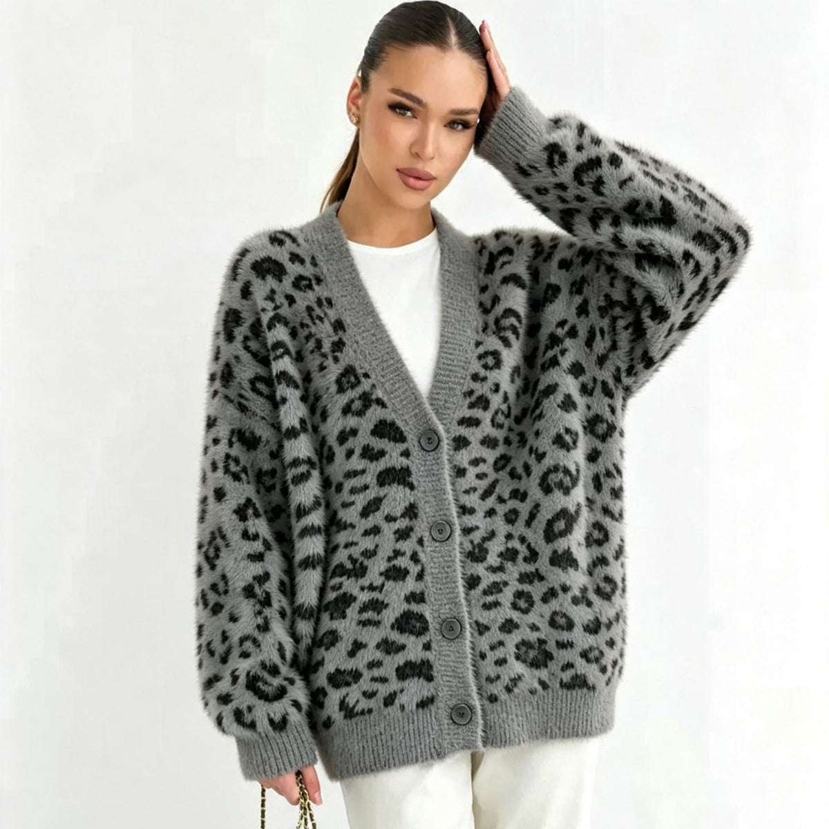 Fuzzy leopard-print cardigan, V-neck button front, oversized sleeves, heather gray