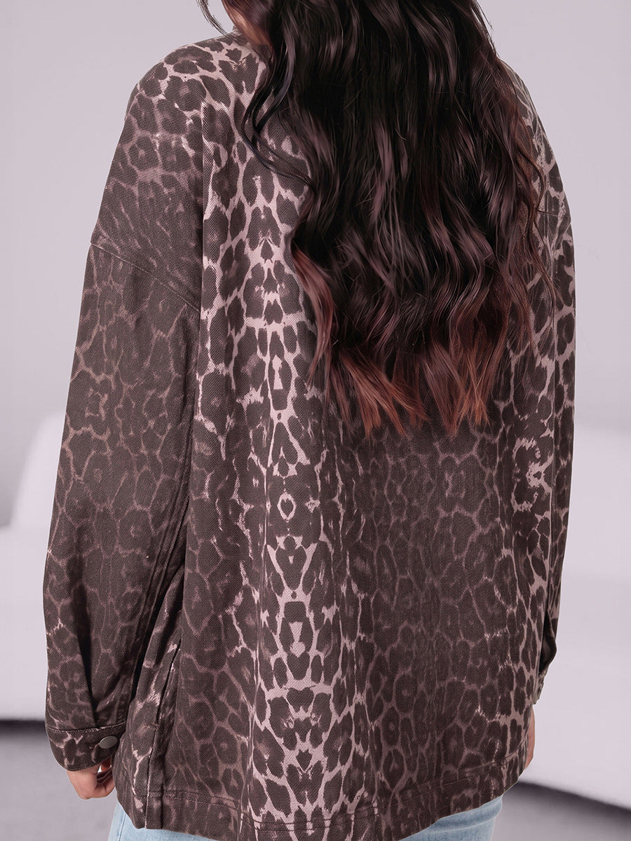 Brown leopard-print denim shacket, oversized sleeves, button front on back view