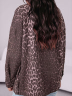 Brown leopard-print denim shacket, oversized sleeves, button front on back view