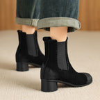 Women’s black suede ankle boots, elastic gore and mid-height block heel, round toe