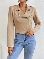 Women’s khaki faux suede cropped moto jacket with asym zip front and side zip pockets