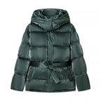 Dark green glossy hooded puffer jacket with tie belt detail, full front view