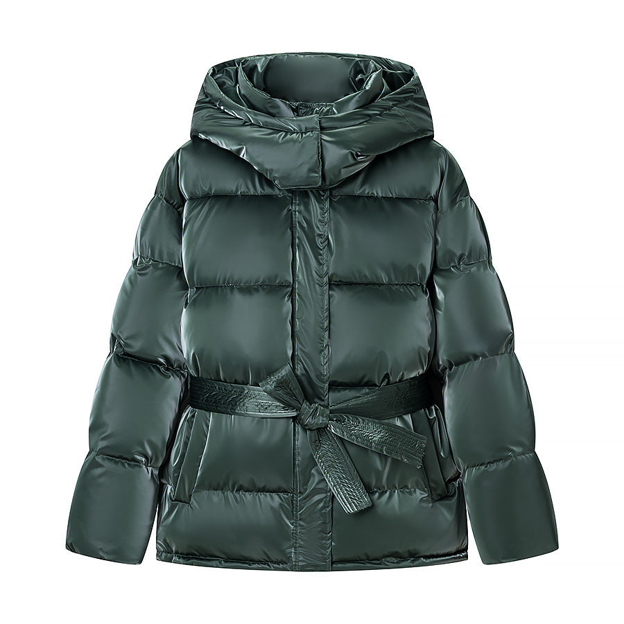 Dark green glossy hooded puffer jacket with tie belt detail, full front view