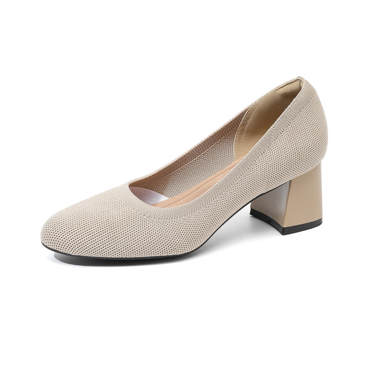 Beige knit slip-on block heel pumps, round toe