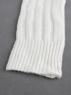 Off-white knit cardigan hem with ribbed trim and vertical pointelle texture