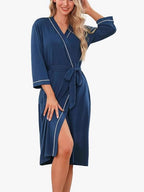 Lightweight wrap kimono robe in blue with contrast trim, V-neck, tied waist belt and side slit