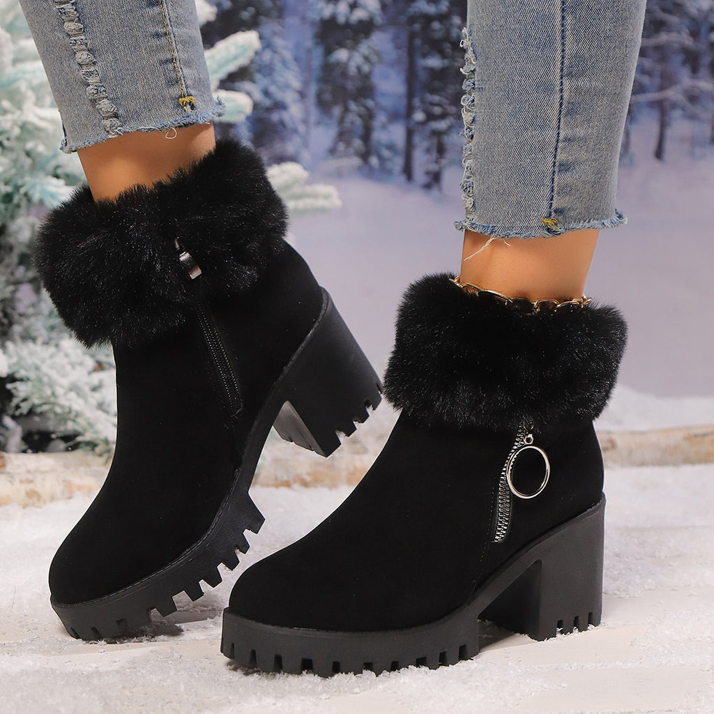 Black ankle boots with faux fur cuff, chunky block heel, side zip, lug sole