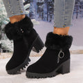 Black ankle boots with faux fur cuff, chunky block heel, side zip, lug sole