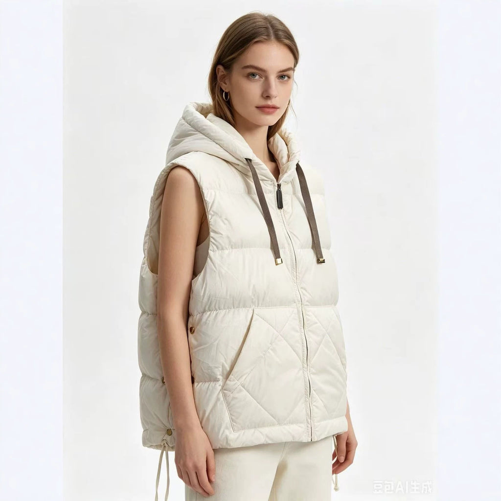 Off-white women's hooded puffer vest with diamond quilting, sleeveless zip front