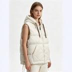 Off-white women's hooded puffer vest with diamond quilting, sleeveless zip front