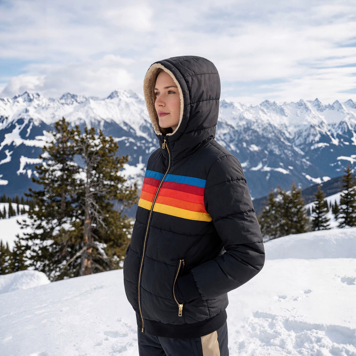 Women’s black hooded puffer jacket with sherpa-lined hood and rainbow stripe on chest