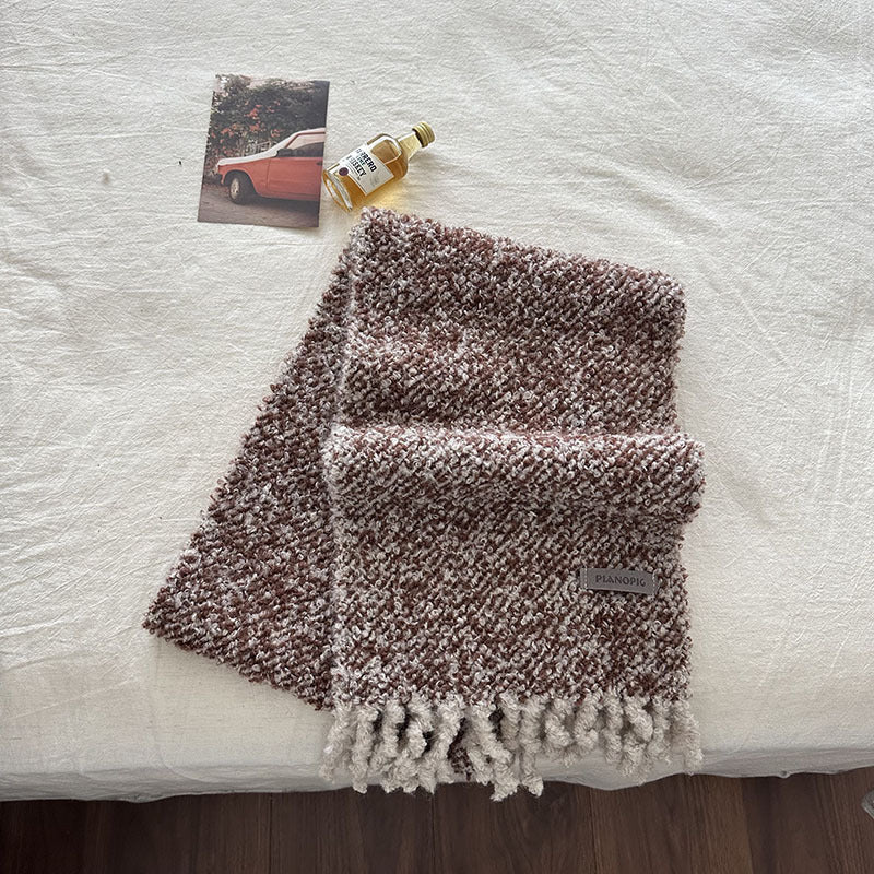 Chunky brown-and-cream knit scarf with fringe tassels