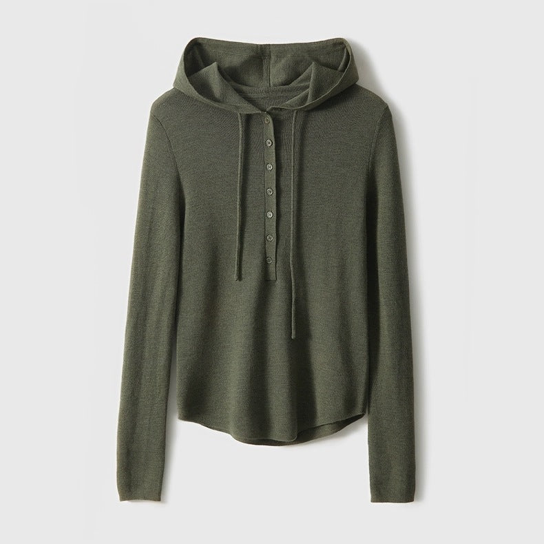 Women’s hooded henley sweater in olive green fine knit, button placket and drawstring hood