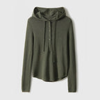 Women’s hooded henley sweater in olive green fine knit, button placket and drawstring hood