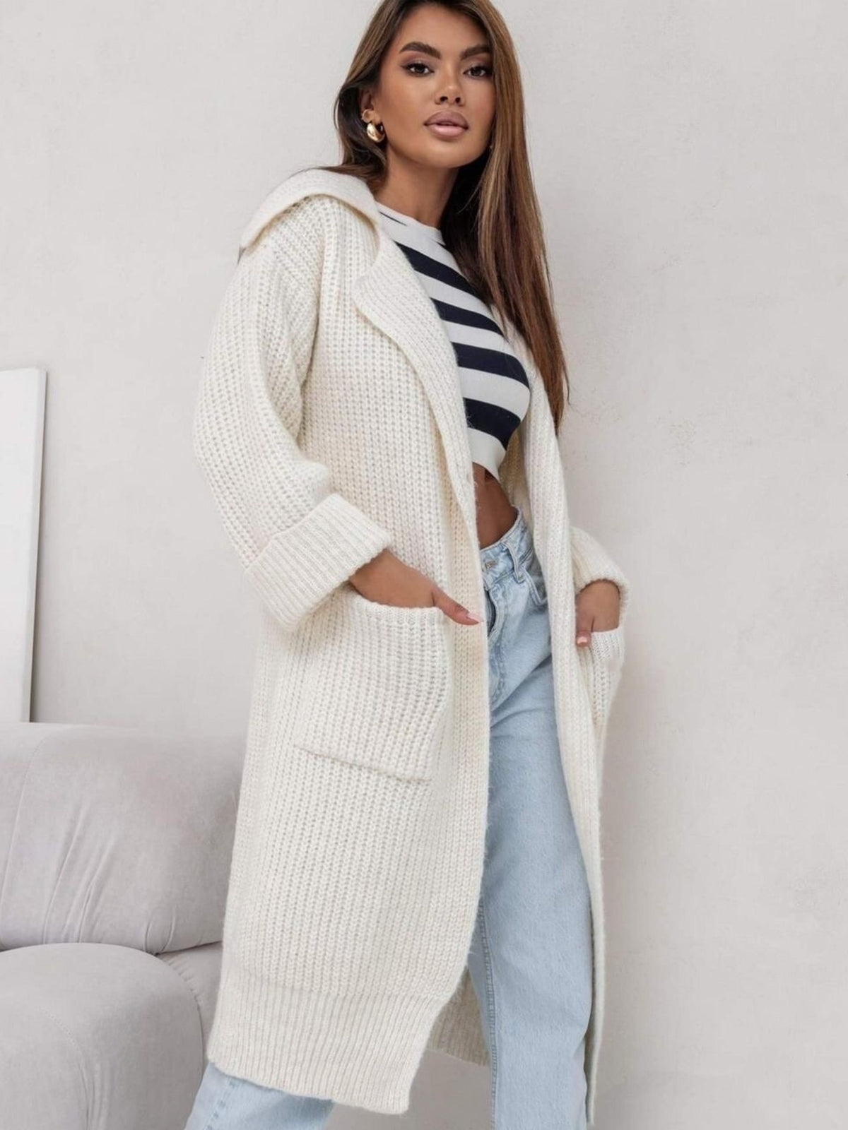 Off-white long duster cardigan, chunky ribbed knit, notched collar, side pockets