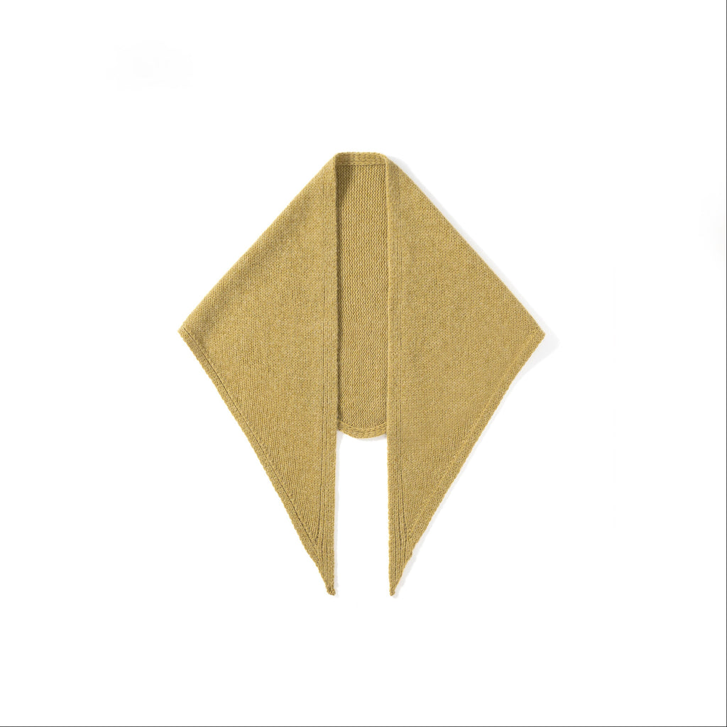 Wool triangle scarf for women in mustard yellow fuzzy knit with pointed ends
