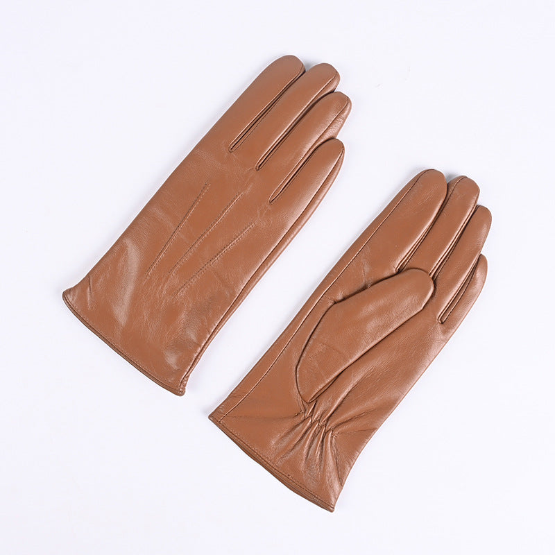 Women's camel tan leather winter gloves pair, fleece-lined, three-panel stitched design