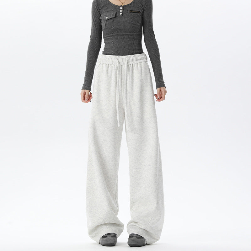 Women's gray barrel-leg lounge pants with elastic waist and drawstring ties