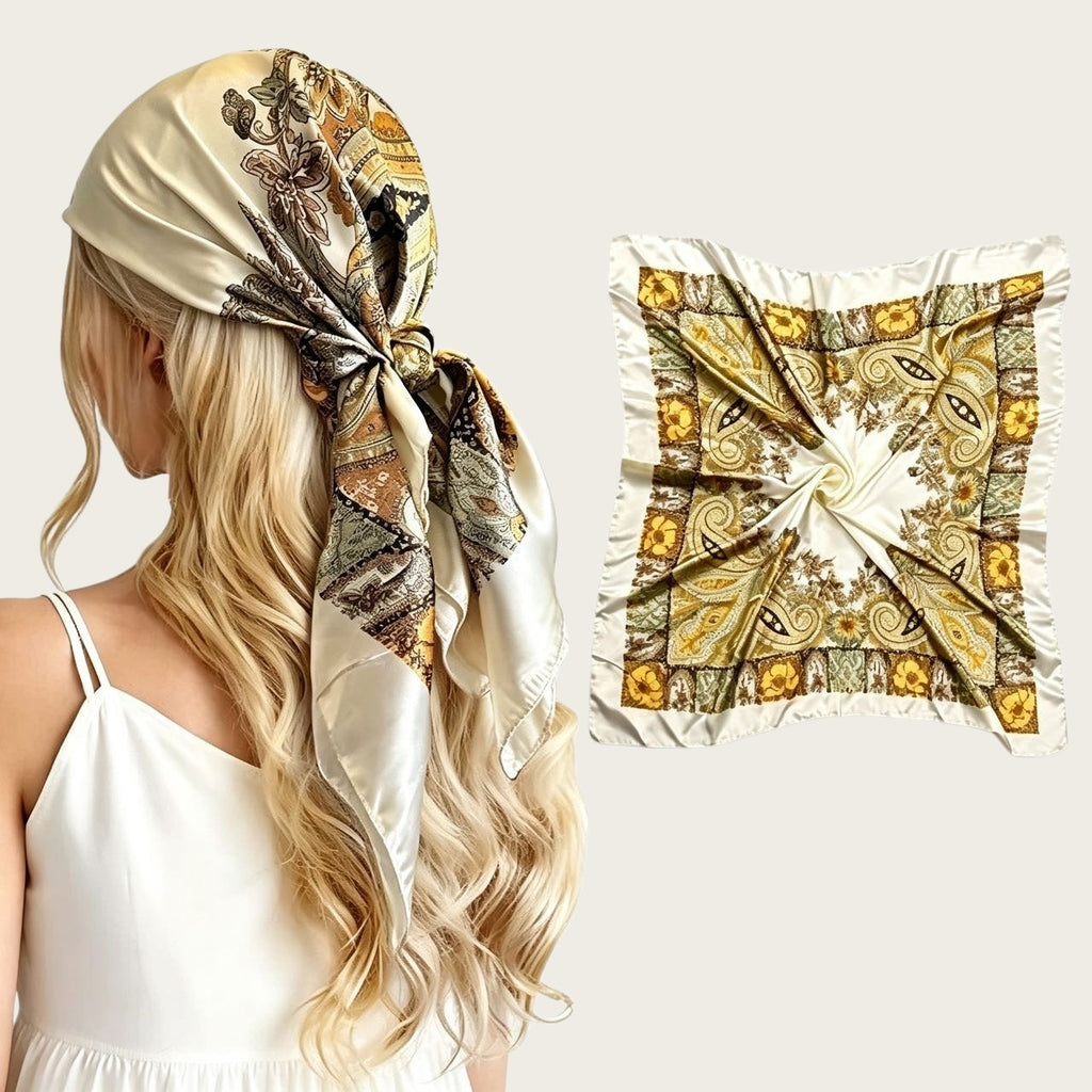 Large satin square scarf in cream with gold paisley and chain print, tied headscarf