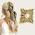 Large satin square scarf in cream with gold paisley and chain print, tied headscarf