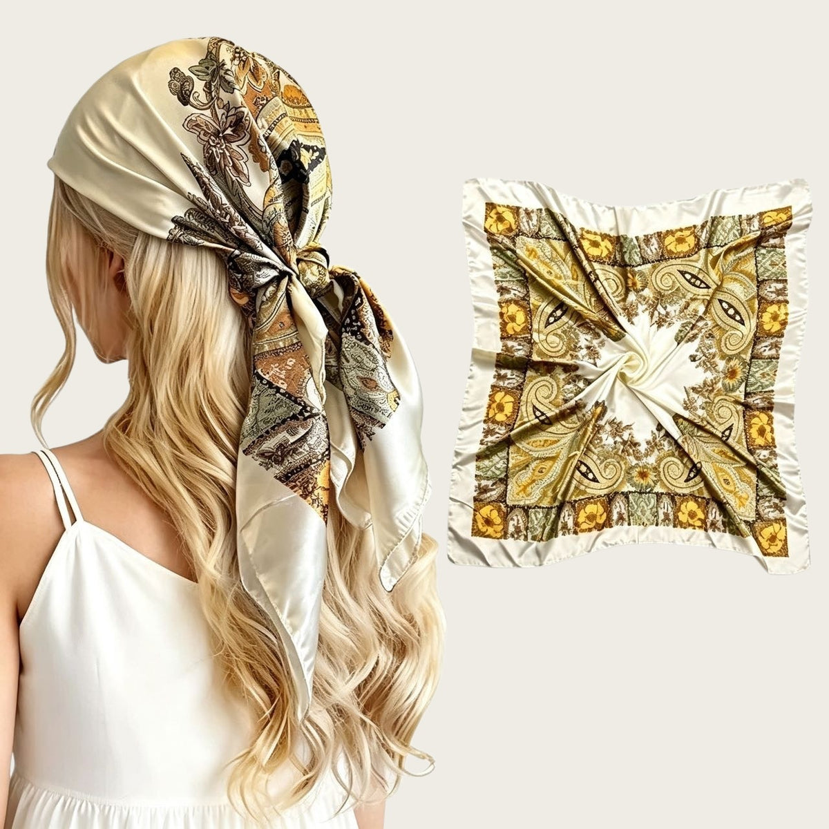 Large satin square scarf in cream with gold paisley and chain print, tied headscarf