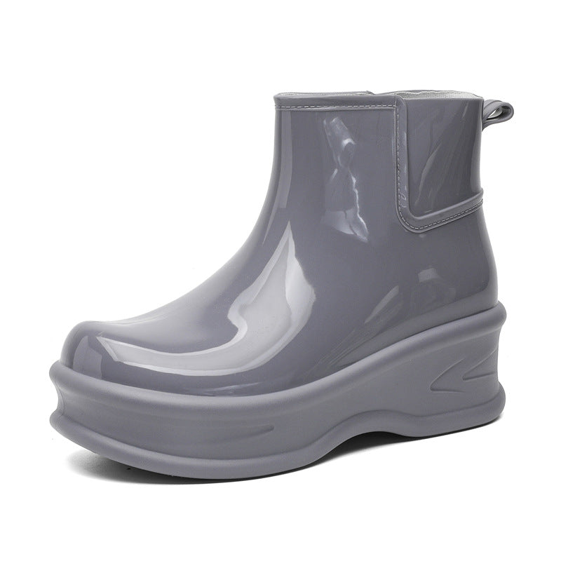 Women's dark gray glossy ankle rain boots, chunky platform pull-on style