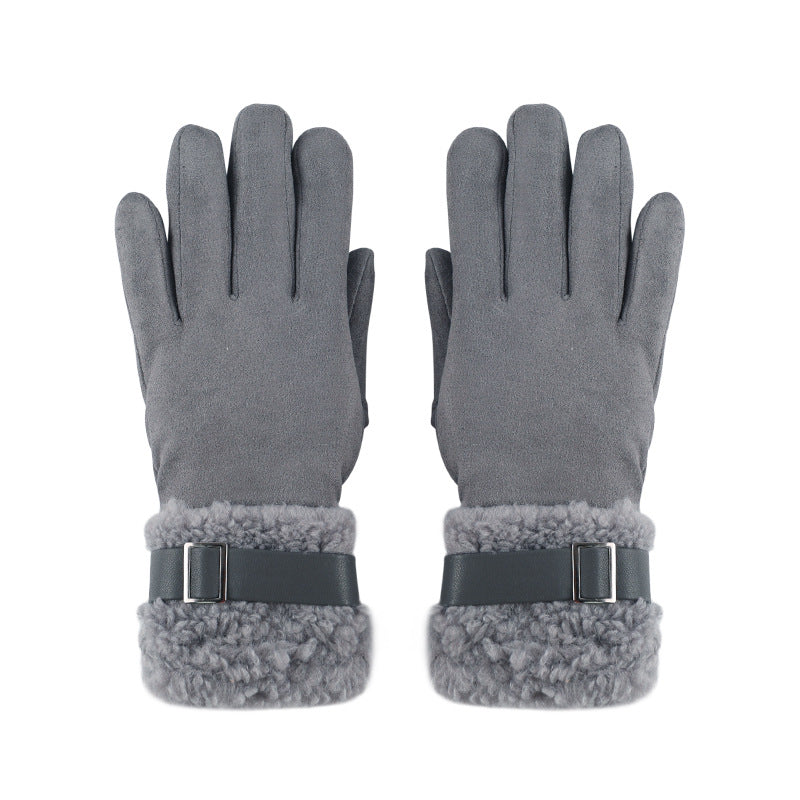 Women's gray suede winter gloves with sherpa cuffs and adjustable square buckle strap