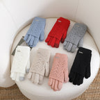 Set of women’s fingerless knit gloves in multiple colors, ribbed cuffs and wave pattern