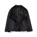 Black cropped faux fur jacket with oversized collar and long sleeves.