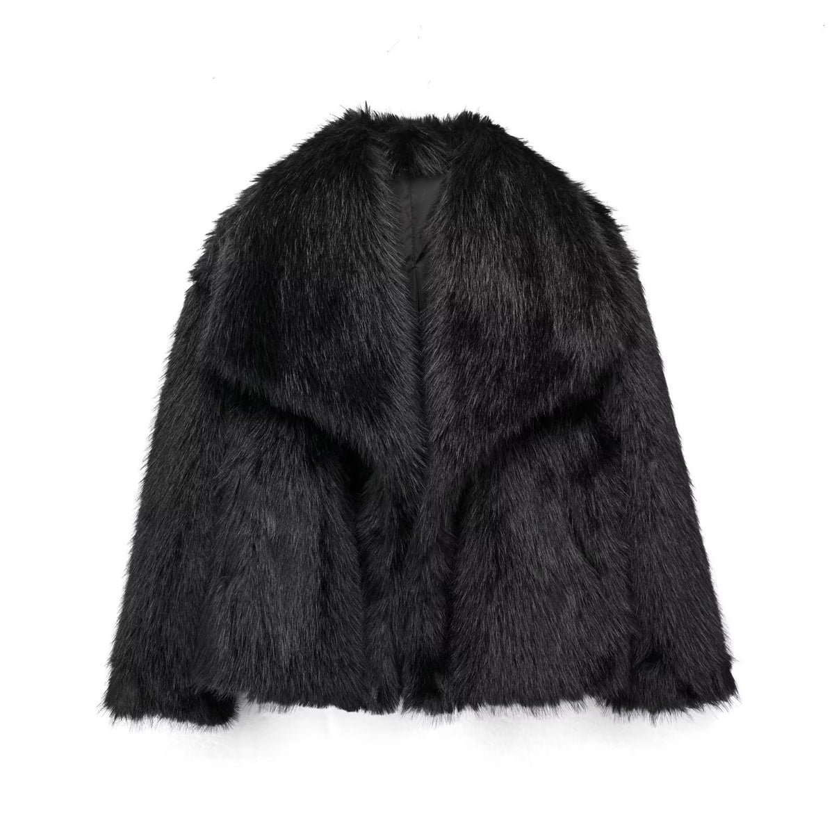 Black cropped faux fur jacket with oversized collar and long sleeves.