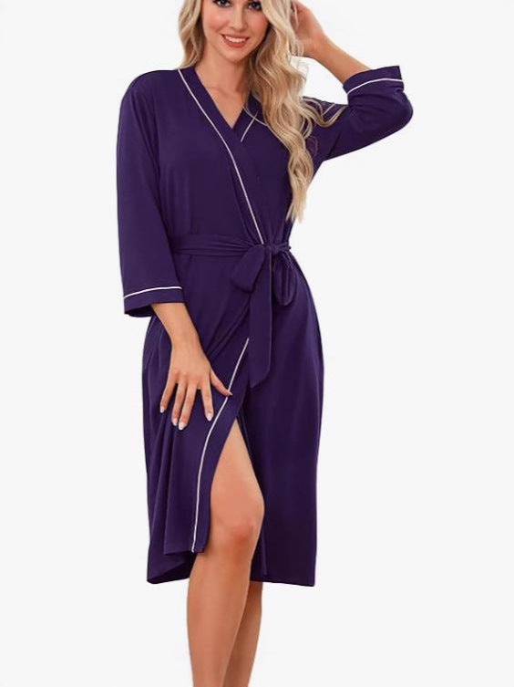 Lightweight wrap kimono robe in purple with contrast piping, V-neck, tied waist belt and slit