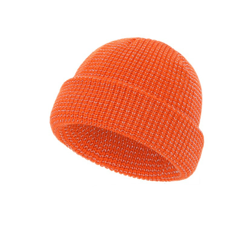Orange reflective waffle-knit fisherman beanie with folded cuff
