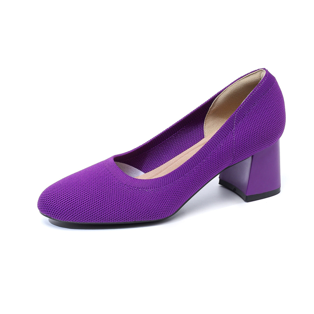 Purple knit slip-on block heel pumps, round toe