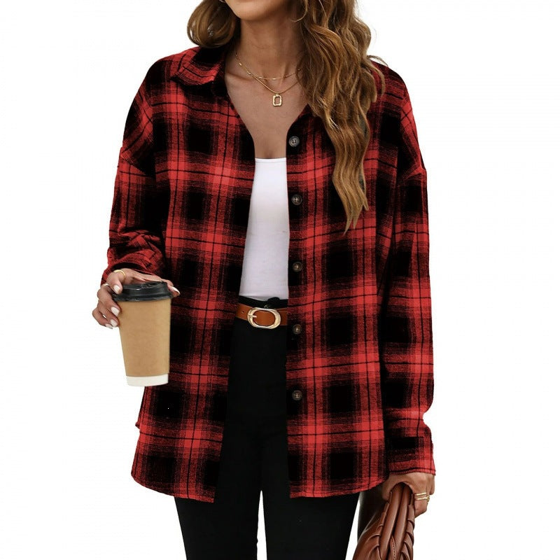 Red and black plaid oversized button-down shirt with long sleeves and front buttons