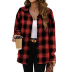 Red and black plaid oversized button-down shirt with long sleeves and front buttons