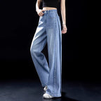 Light blue high-waisted wide-leg denim jeans with button closure and pockets